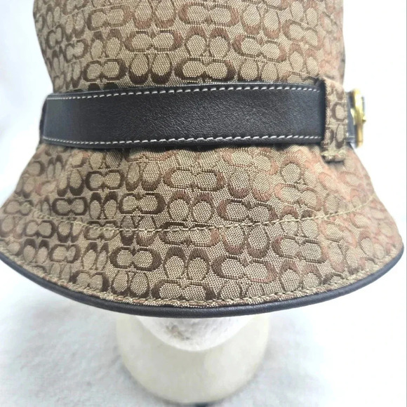 Coach Signature Logo Bucket Hat Brown Canvas Leather Trim Buckle Unisex Size S/P - Picture 1 of 7